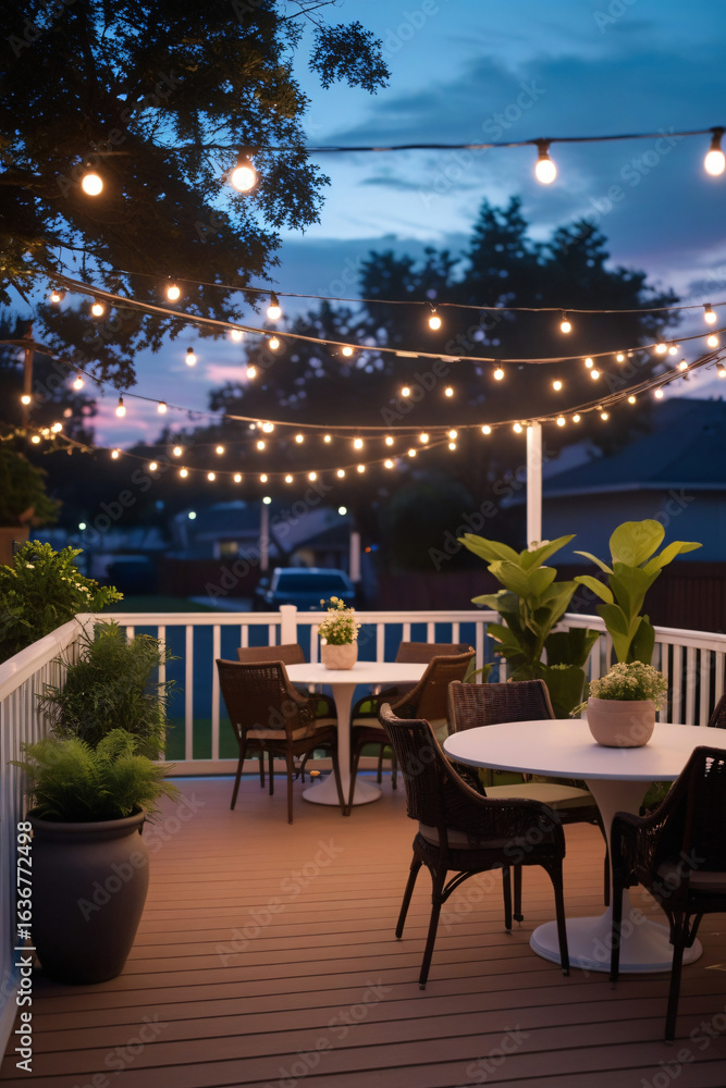 Obraz premium Warm and Inviting Evening Outdoor Dining Area with White Tables, Green Plants, and Soft Sky Colors