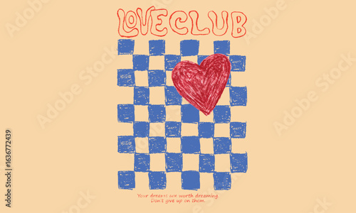 Valentine heart graphic print design. Self love club. Oil pastel color heart painting. Heart line drawing. Love day artwork. 