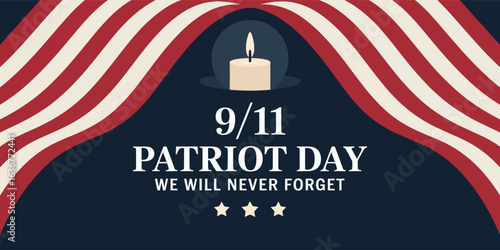 9.11 Patriot Day tribute illustration with candle flame, American flag stripes, and “We Will Never Forget” commemorative text on dark background