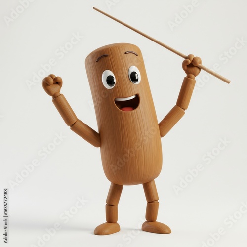 Happy brown wooden puppet dog with a stick, cartoon illustration Tung Tung Sahur isolated on a white background