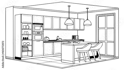 "Symmetrical top-down view of a modern black and white kitchen interior with pendant lighting, clean counters, and dining area for two. Cabinets, shelves, and appliances are functional and flat-design