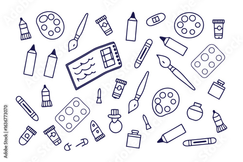 Art Supplies Illustration: A collection of artistic essentials, rendered in a charming illustration style, inviting creativity and visual inspiration.