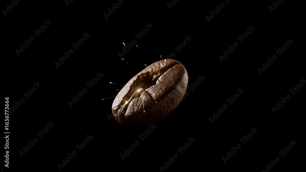 Naklejka premium Single Coffee Bean with Liquid Splashing, Dark Background, High-Resolution Macro Shot, Conceptual Graphic for Espresso and Caffeine Themes