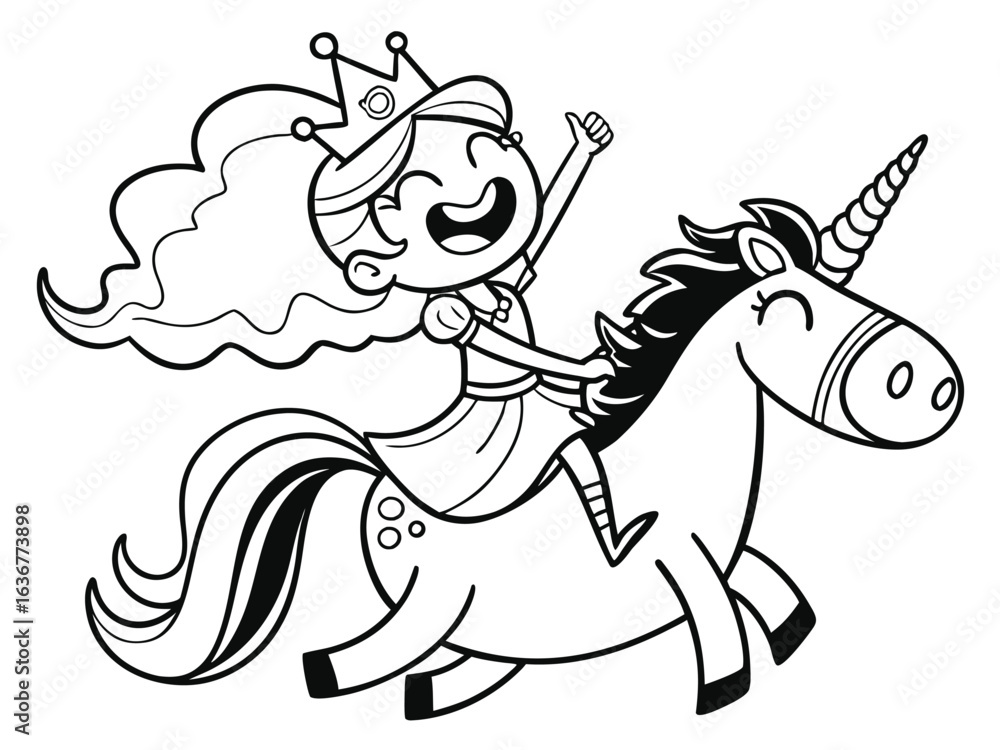 Fototapeta premium Niedliche Prinzessin reitet auf einem Einhorn line art Vector Illustration
