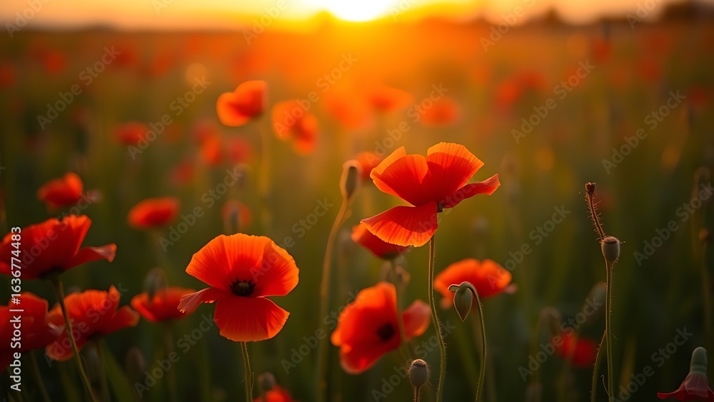 Fototapeta premium Vibrant red poppies glowing under the golden light of a sunset.