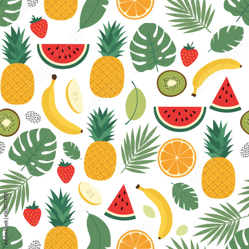 A refreshing tropical fruit pattern featuring pineapples bananas watermelon strawberries oranges and kiwi slices with green leaves