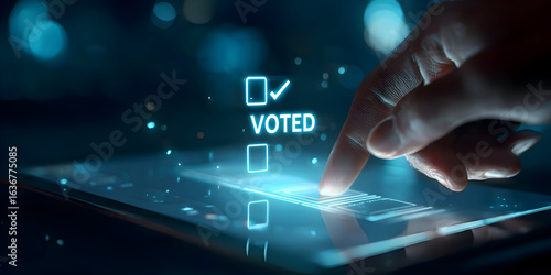 Futuristic E-Voting: Hand Casts a Digital Ballot on a Luminous Blue Touchscreen.