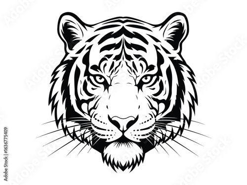 Striking Tiger Portrait: A bold and detailed black and white illustration of a tiger's head, exuding strength, power, and majesty. Emphasizing the intricate stripes and piercing gaze