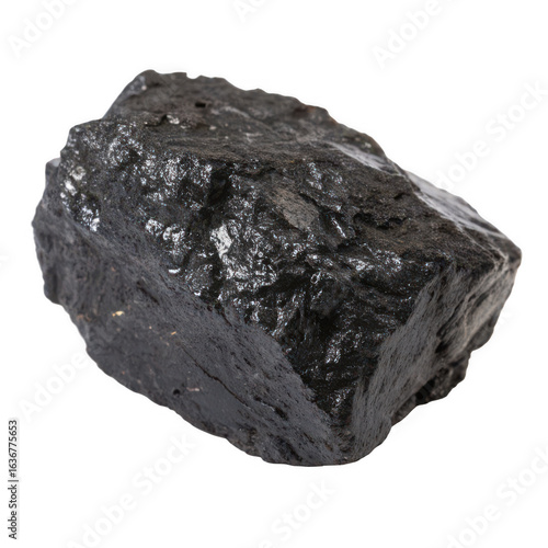 Raw black coal lump with red mineral inclusions isolated on transparent background