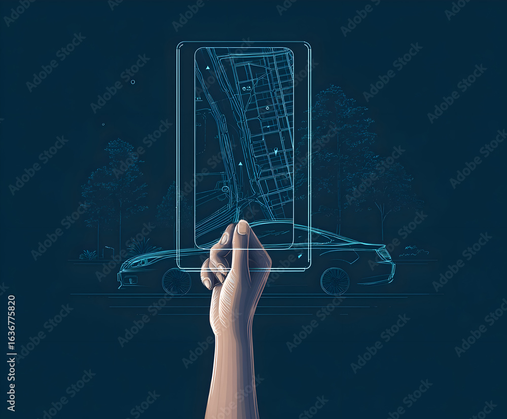 Fototapeta premium Digital Blueprint Navigation: Hand Holding Transparent Phone over Line-Art Car.