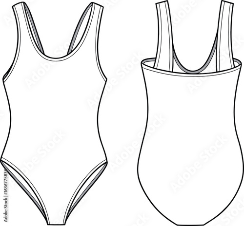 One piece swimsuit fashion flat sketch, front and back view, CAD vector template for apparel design, swimwear illustration mockup