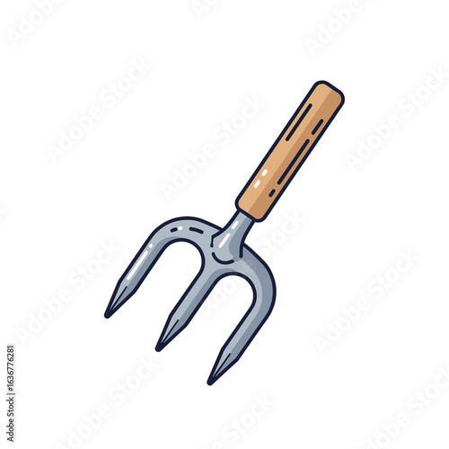 A detailed illustration of a three tined garden hand tool with a wooden handle used for cultivating soil and aerating landscaping