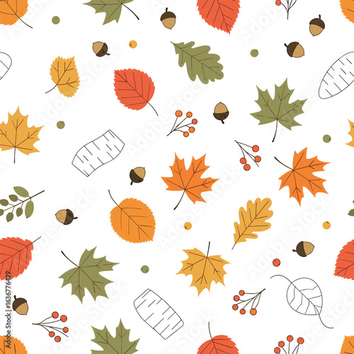 A vibrant autumn season celebration featuring falling leaves and acorns in a repeating pattern design