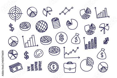 Financial Symbols: A collection of hand-drawn business and finance icons, featuring pie charts, bar graphs, money bags, and dollar signs.