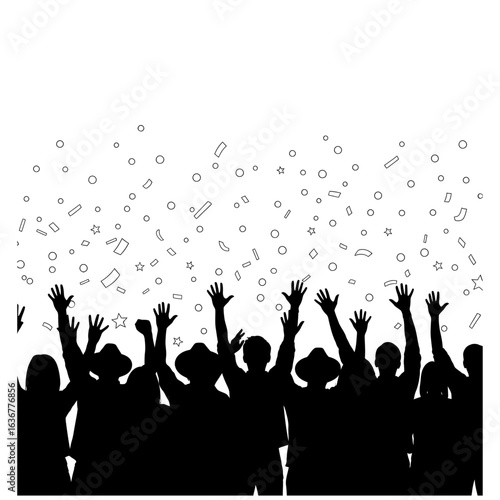 Black Silhouette of Group Celebrating with Hands Raised and Confetti