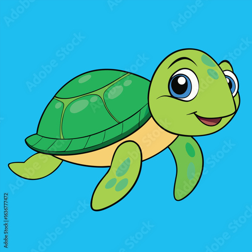 Cute green cartoon turtle swimming in blue water