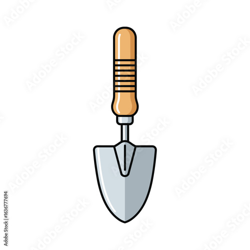 A simple garden trowel with a wooden handle for digging and planting in soil and flower beds