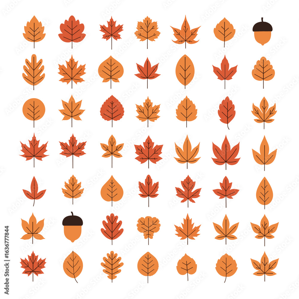 Obraz premium Collection of stylized autumn leaves and acorns in warm earthy tones illustrating seasonal change