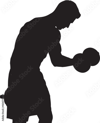 silhouette of a man lifting weights in the gym, strong man doing bicep curls with dumbbells, athletic male workout in gym with dumbbells