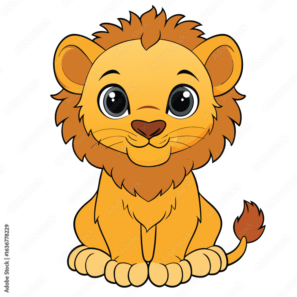 Obraz premium Cute cartoon lion cub sitting isolated on white background