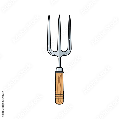 A robust gardening tool featuring a metallic head with three pointed tines connected to a sturdy wooden handle for effective soil cultivation and aeration