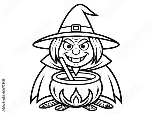 Illustration of a witch stirring a concoction in the cauldron