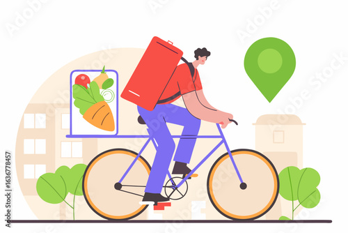Kurier rowerowy dostarcza świeże zakupy spożywcze. Koncepcja ekologicznej dostawy i zamówień online ze śledzeniem GPS.