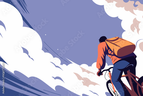 Dynamiczna ilustracja kuriera rowerowego z plecakiem dostawczym. Koncepcja szybkiej dostawy jedzenia i ekologicznego transportu w mieście.
