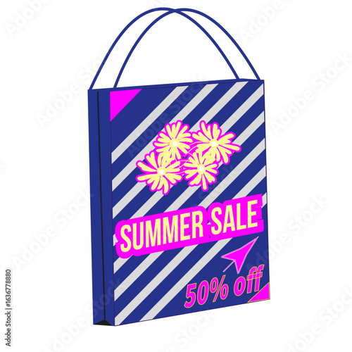 Summer sale11 blue striped shopping bag with bright inscription summer sale.,The bag has yellow flowers with a bright pink border,There is an arrow on the corner and the words 50% discount.