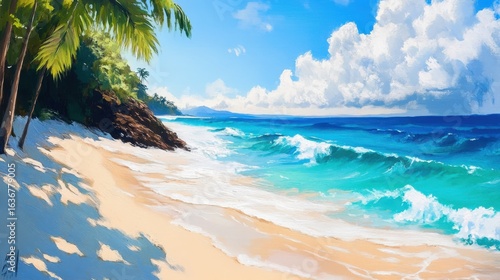 Wallpaper Mural Tropical beach scene with vibrant waves and palm trees. Torontodigital.ca