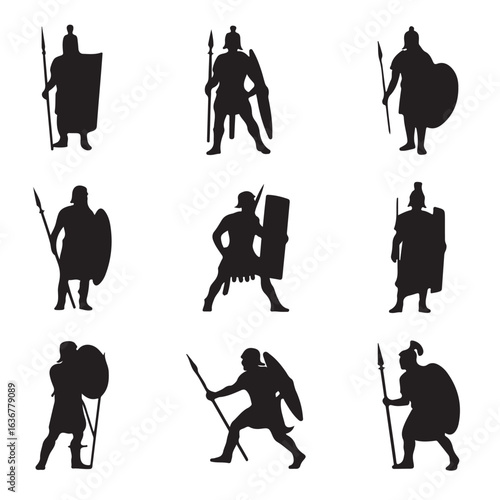 Ancient Warrior Silhouette Set – Spear and Shield Poses in Battle-Ready Grid Formation