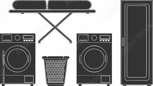Illustration of laundry room with ironing board washers trash bin and cabinet in black and white style |  editable eps vectors silhouette