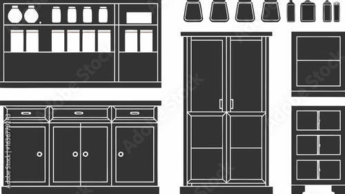 Illustration of kitchen storage cabinets and containers including jars and bottles in black and white |  editable eps vectors silhouette