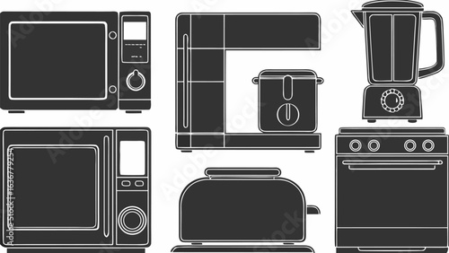 Illustration showing various kitchen appliances including microwaves blender toaster and oven in black and white |  editable eps vectors silhouette