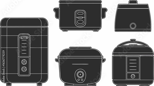 Collection of six different rice cookers with various designs and control panel configurations shown |  editable eps vectors silhouette