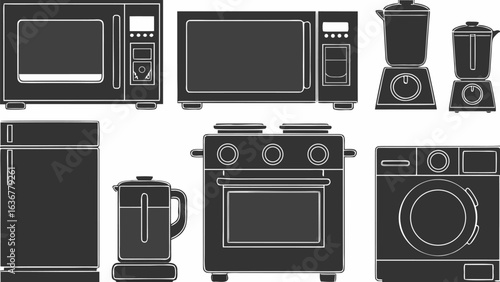 Illustration showing a collection of kitchen and home appliances including microwave oven and washing machine |  editable eps vectors silhouette