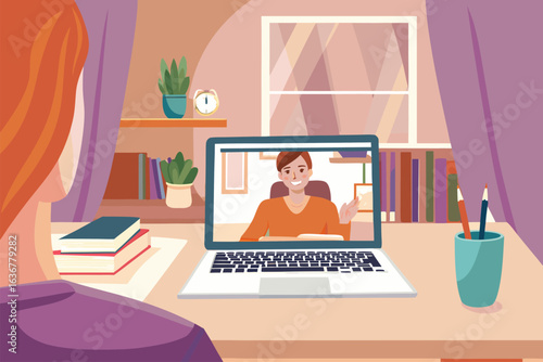Uczennica na lekcji online, ucząca się zdalnie z domu przez laptopa. Koncepcja e-learningu, wideokonferencji i edukacji cyfrowej.
