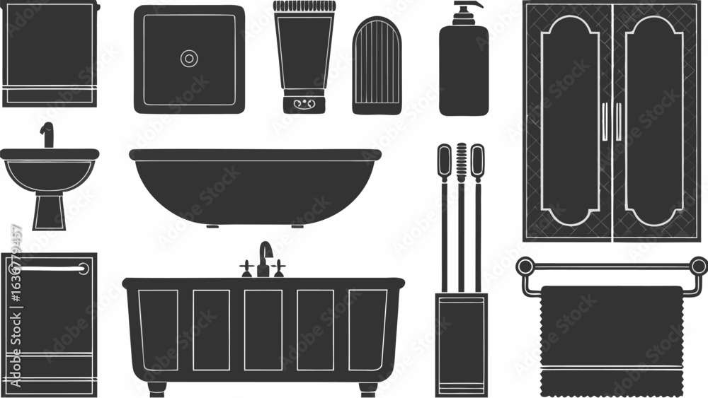 Fototapeta premium Silhouette illustration showcasing various bathroom fixtures and accessories in a dark tone | editable eps vectors