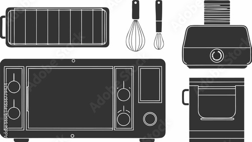 Illustration of kitchen appliances including oven whisks food processor and baking pan in black and white |  editable eps vectors silhouette