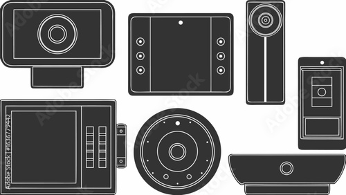 Illustration featuring various electronic devices including a monitor tablet speaker and other gadgets neatly arranged |  editable eps vectors silhouette