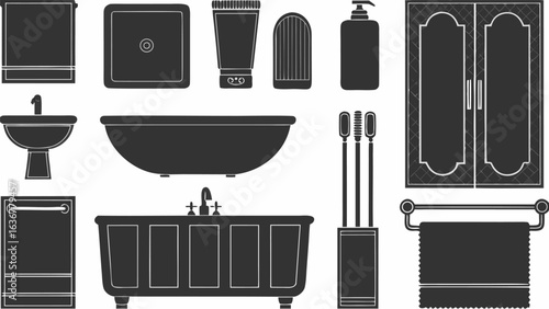 Silhouette illustration showcasing various bathroom fixtures and accessories in a dark tone |  editable eps vectors