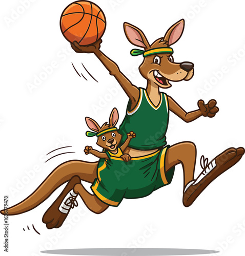 Playful Kangaroo Cartoon Jumping for a Layup