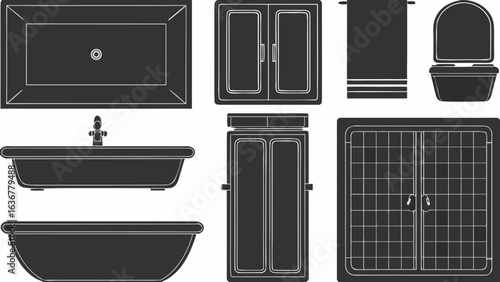Bathroom fixtures illustration featuring bathtubs, cabinets, shower and toilet in dark gray |  editable eps vectors silhouette