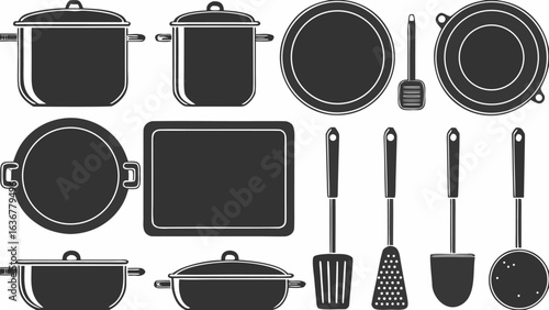 Illustration of various kitchen utensils including pots pans and cooking tools in a monochrome style |  editable eps vectors silhouette