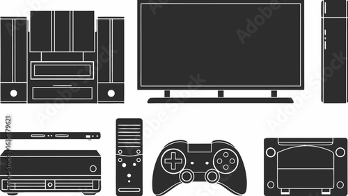 Illustration of a living room setup with a tv entertainment center and various gaming consoles and devices |  editable eps vectors silhouette