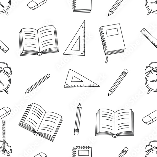A delightful seamless pattern of essential school supplies and timepieces for education and learning