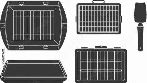 Illustration of pet carriers and grooming brush in black and white simple vector style design art |  editable eps vectors silhouette
