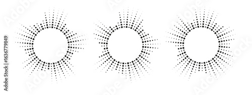 Collection of circular audio waveforms made of segmented beams. Abstract radial sound visualization, ideal for music, voice, or frequency design elements. Vector illustration.