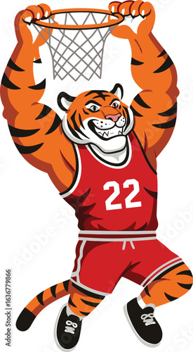 Cartoon Tiger Player Slam Dunking a Basketball Clipart