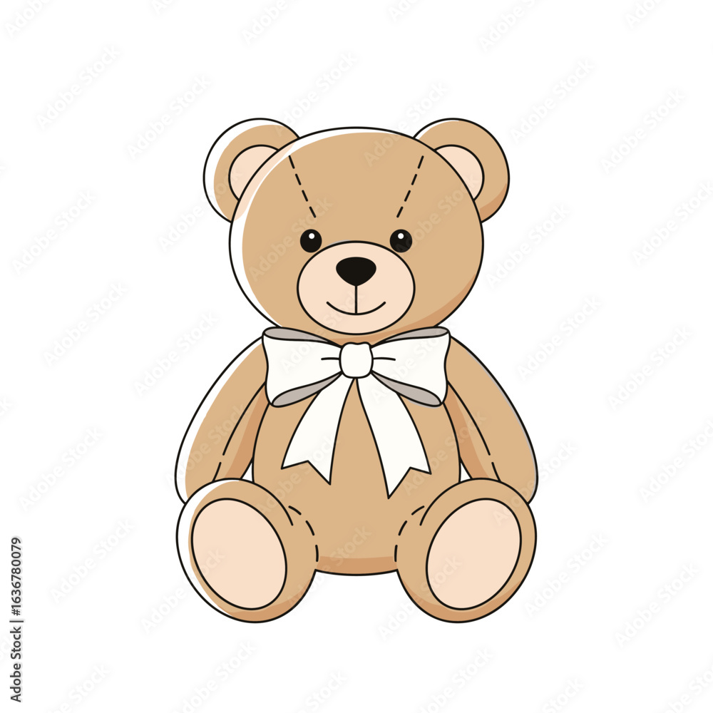 Fototapeta premium Adorable classic brown teddy bear with a white bow sitting comfortably ready for playtime hugs